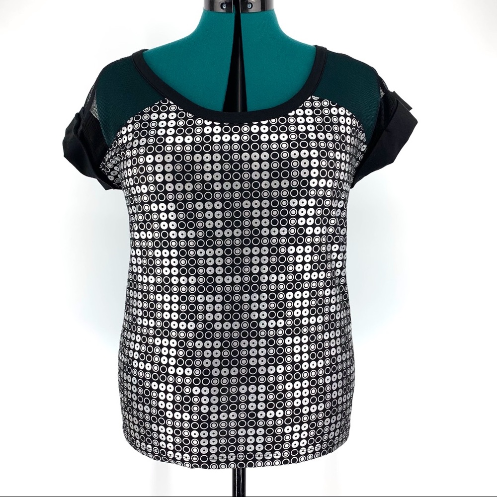 Cruel Black and Silver Short Sleeve Top with Net Shoulders, Small